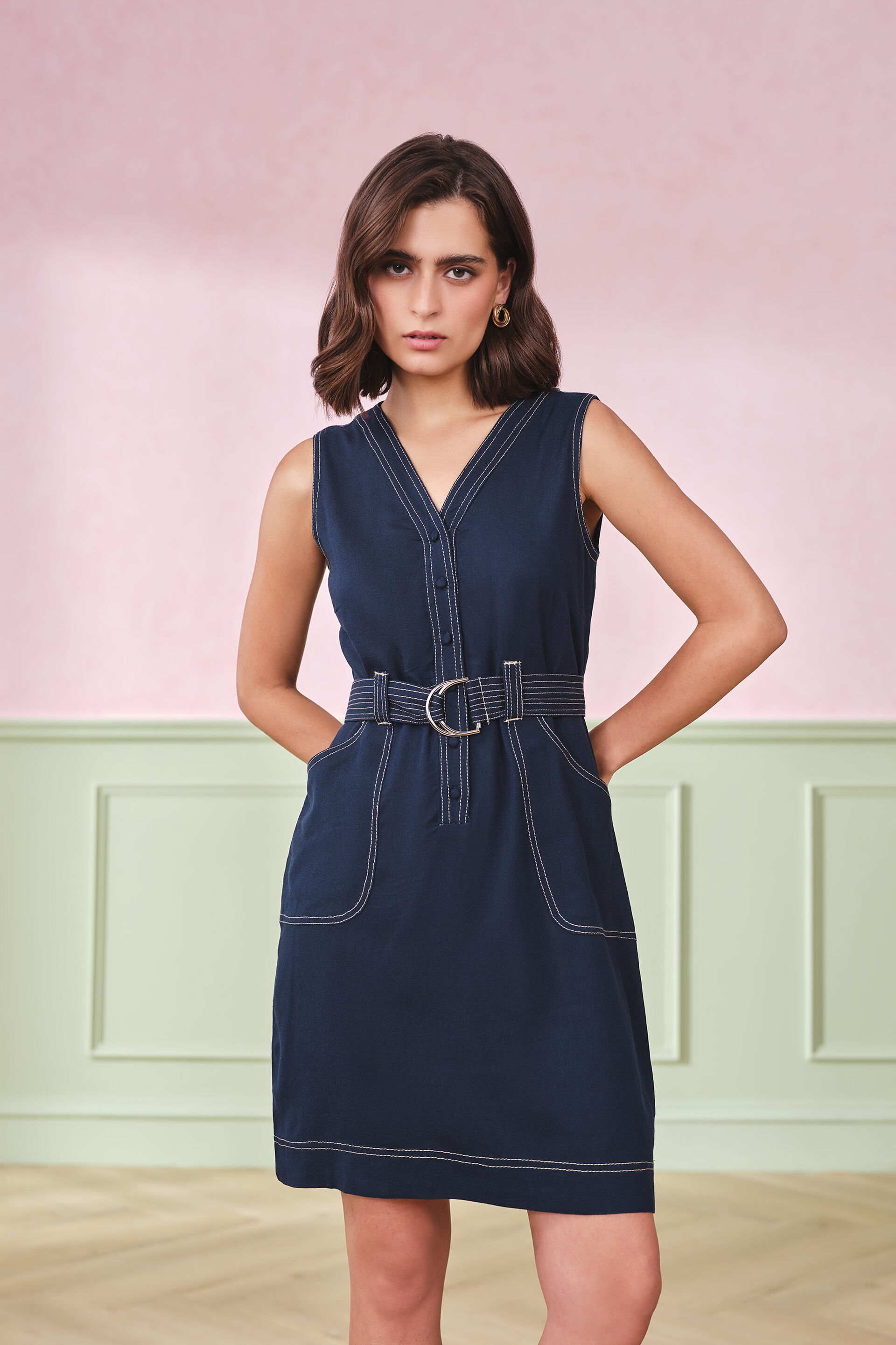 Cobalt Belted Viscose Blend Dress, Navy, image 2